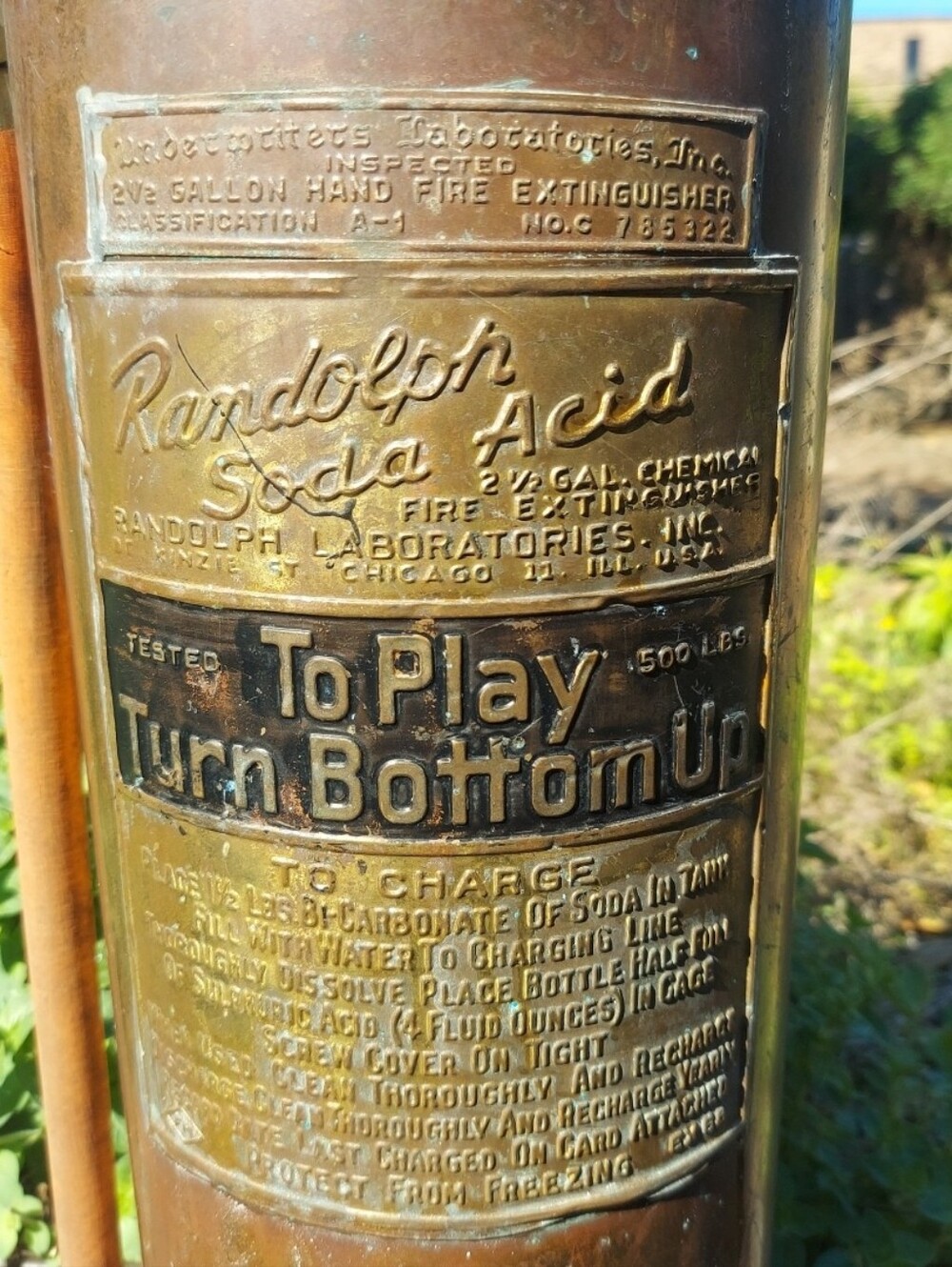 Randolph Soda Acid 2 1/2 Gallon Fire Extinguisher Empty Original Copper Patina